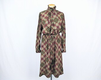 80s vintage plaid print silk dress with pussy bow and ruffles Infinitif Paris - Reserved!