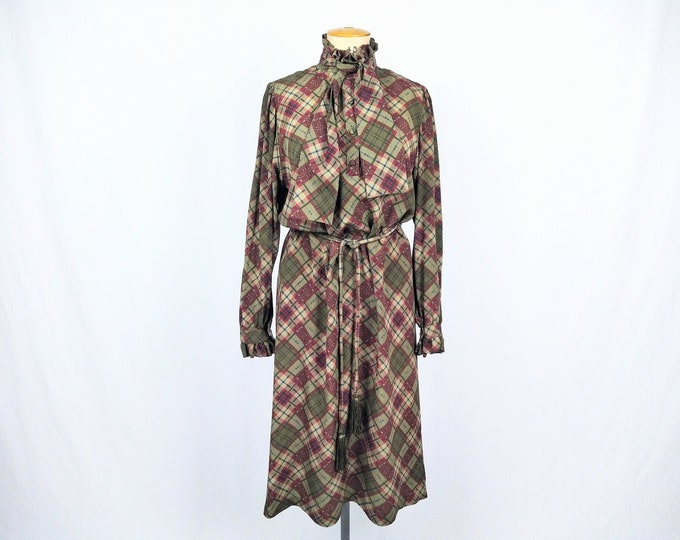 80s vintage plaid print silk dress with pussy bow and ruffles Infinitif Paris