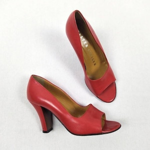 WALTER STEIGER vintage crimson red leather open toe pumps