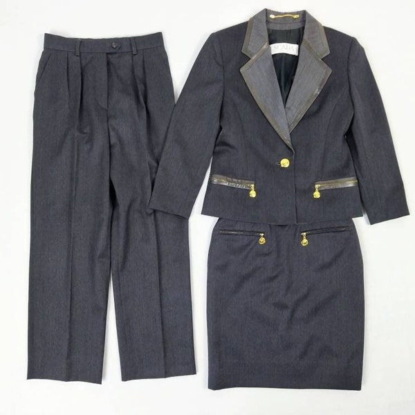 ESCADA MARGARETHA LEY vintage 90s anthracite wool 3 piece suit skirt suit pants suit