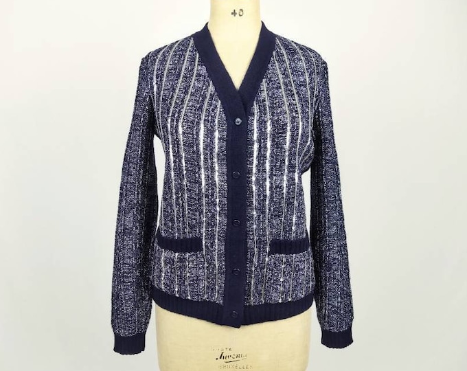 LANVIN BOUTIQUE vintage 70s sequined navy lurex cardigan