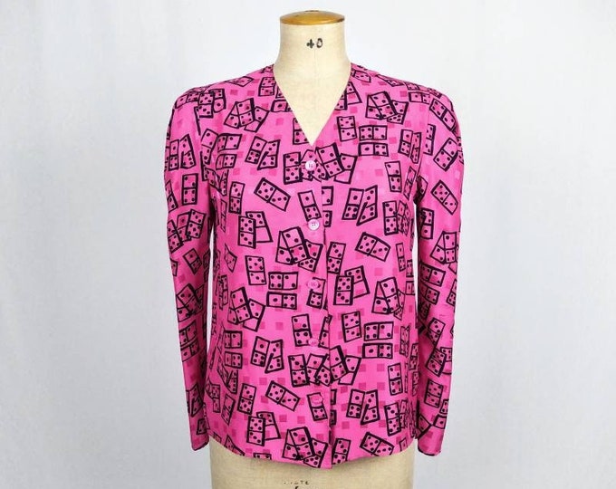 LANVIN vintage 80s fuchsia domino print satin blouse