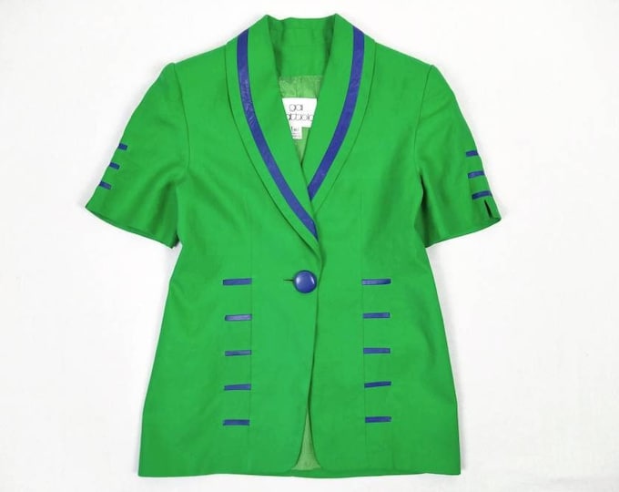 GAI MATTIOLO vintage 80s grass green linen short sleeved blazer with blue leather inserts