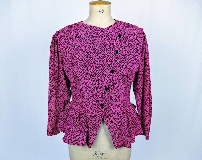LOUIS FERAUD vintage 80s printed fuchsia jacquard silk peplum jacket