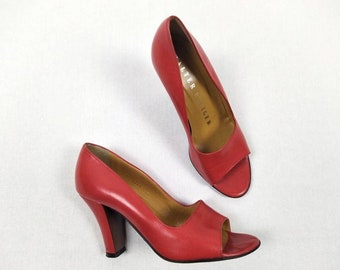 WALTER STEIGER vintage crimson red leather open toe pumps