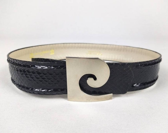 PIERRE CARDIN 60s vintage space age black snakeskin logo buckle belt