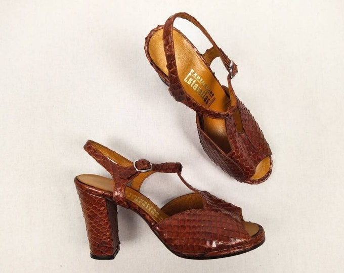 70s vintage cognac snakeskin t-strap high heeled sandals - never worn