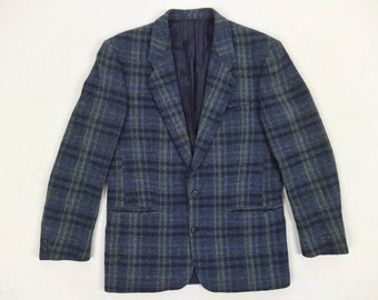 CACHAREL vintage 70s blue green plaid wool tweed sport coat jacket