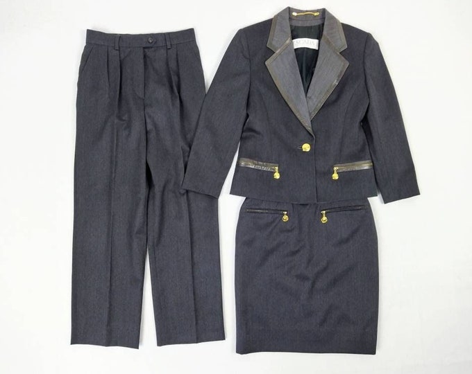 ESCADA MARGARETHA LEY vintage 90s anthracite wool 3 piece suit skirt suit pants suit