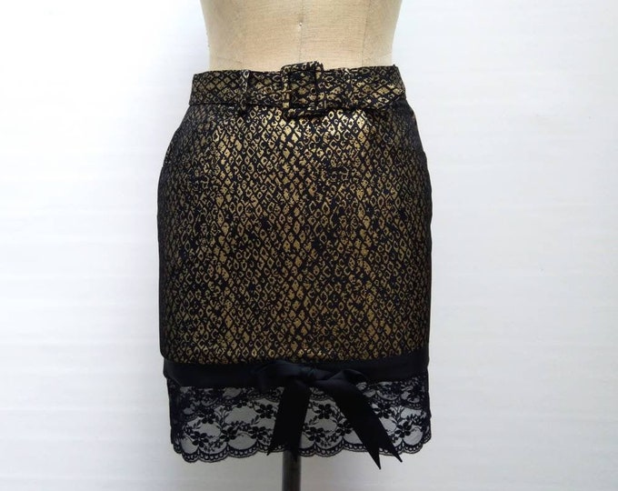 MOSCHINO JEANS vintage 90s black gold lame pencil skirt with lace trim