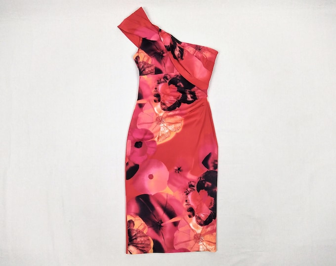 KAREN MILLEN pre-owned red floral one shoulder wiggle dress