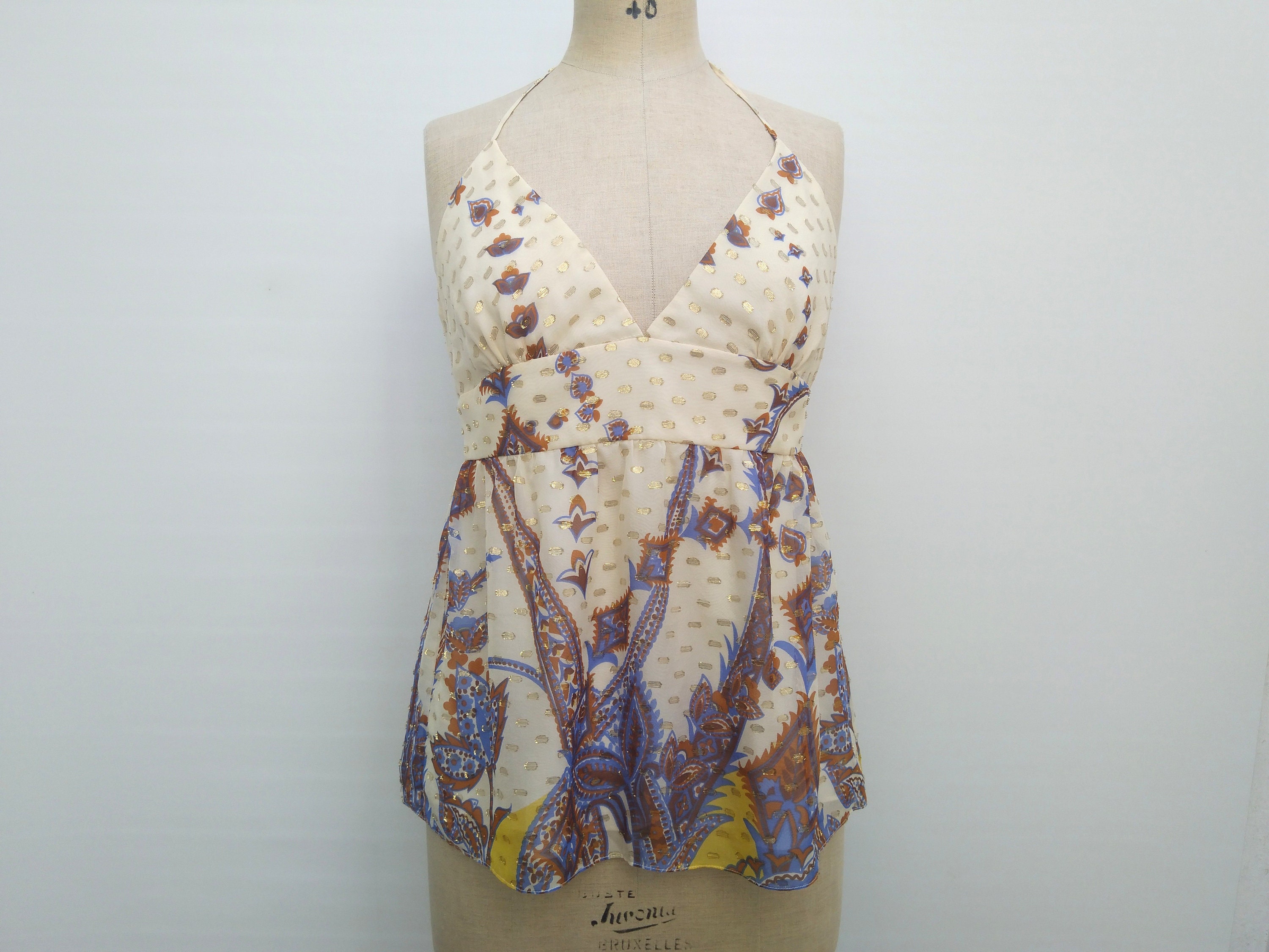 TIBI pre-owned cream silk chiffon gold lame floral print halter top