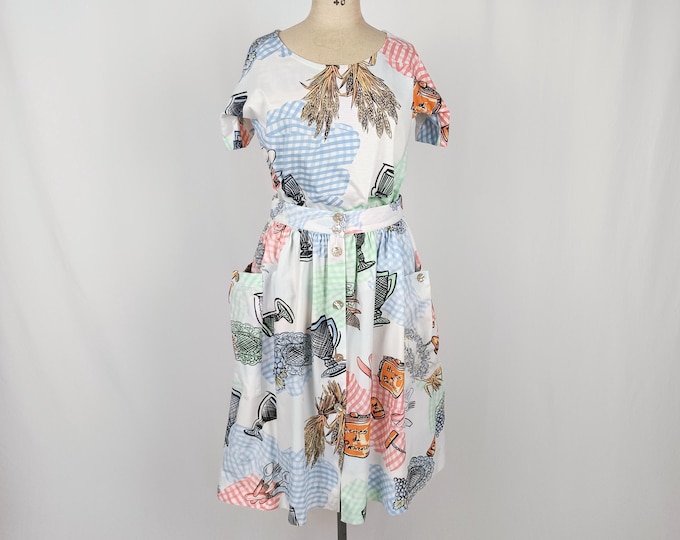LOUIS FERAUD vintage 80s novelty print cotton skirt set