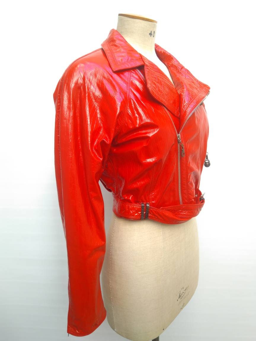 GIANNI VERSACE vintage 80s fire engine red patent leather biker jacket