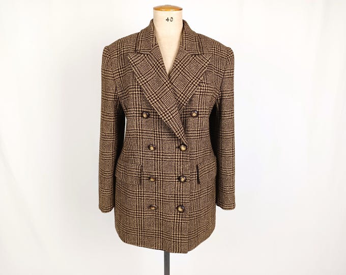 LOUIS FERAUD vintage 90s brown glen check boucle wool double breasted blazer