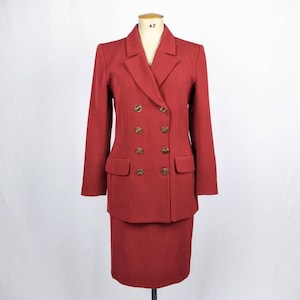 YVES SAINT LAURENT vintage 90s carmine red double breasted skirt suit