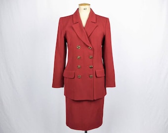 YVES SAINT LAURENT vintage 90s carmine red double breasted skirt suit
