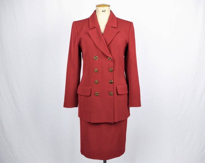 YVES SAINT LAURENT vintage 80s carmine red double breasted skirt suit