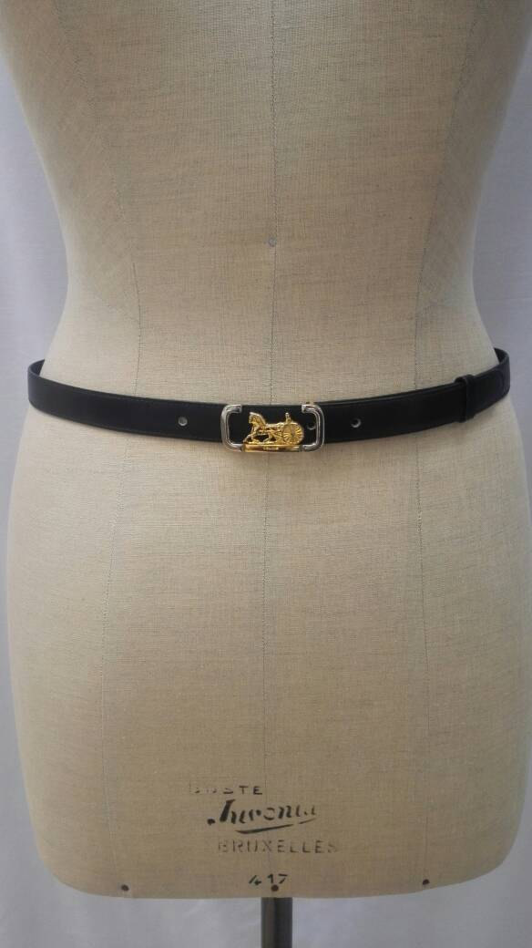 CELINE vintage 90s black belt with horse carriage buckle