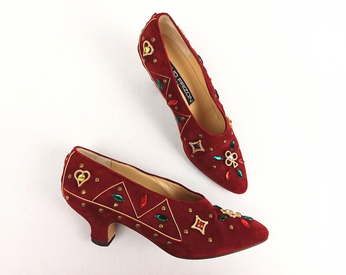 MAUD FRIZON vintage 80s rhinestone bejeweled red suede pumps