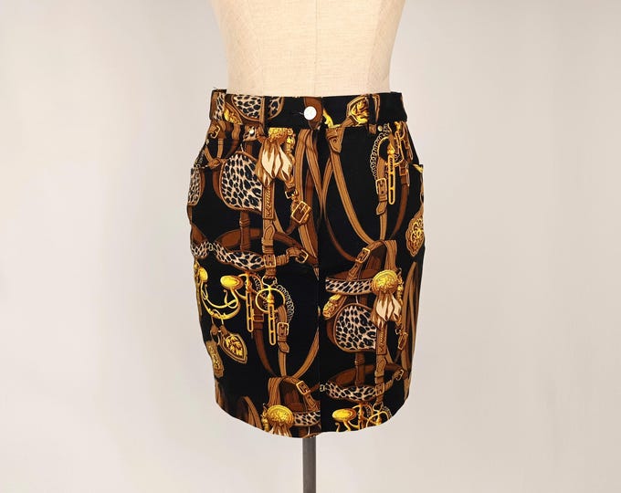 LAUREL by ESCADA vintage 90s equestrian print stretch denim skirt