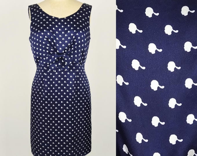 MOSCHINO CHEAP and CHIC vintage 90s navy printed satin sheath dress with bow detail