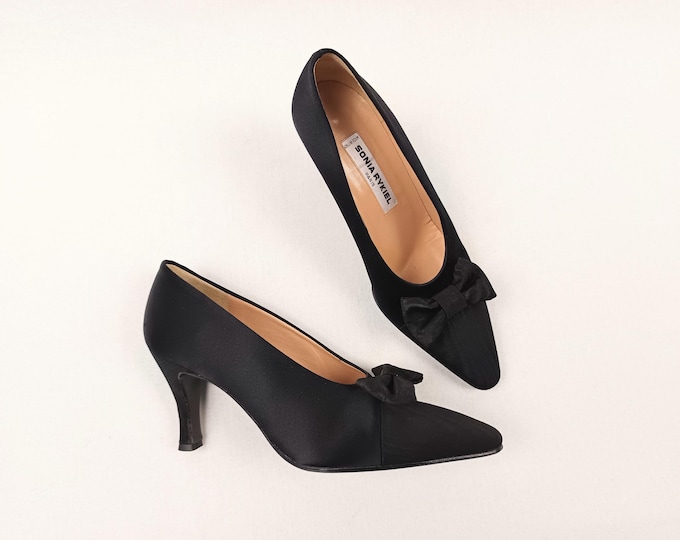 SONIA RYKIEL vintage black satin and moire bow pumps