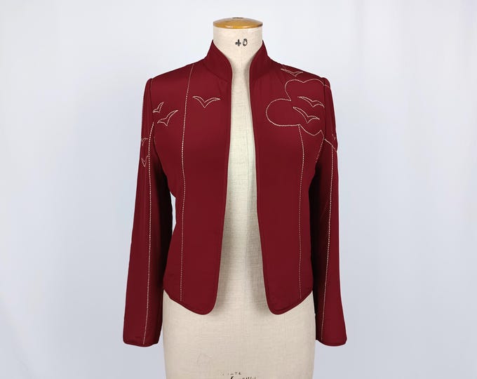 LOUIS FERAUD vintage 80s wine red silk open front jacket