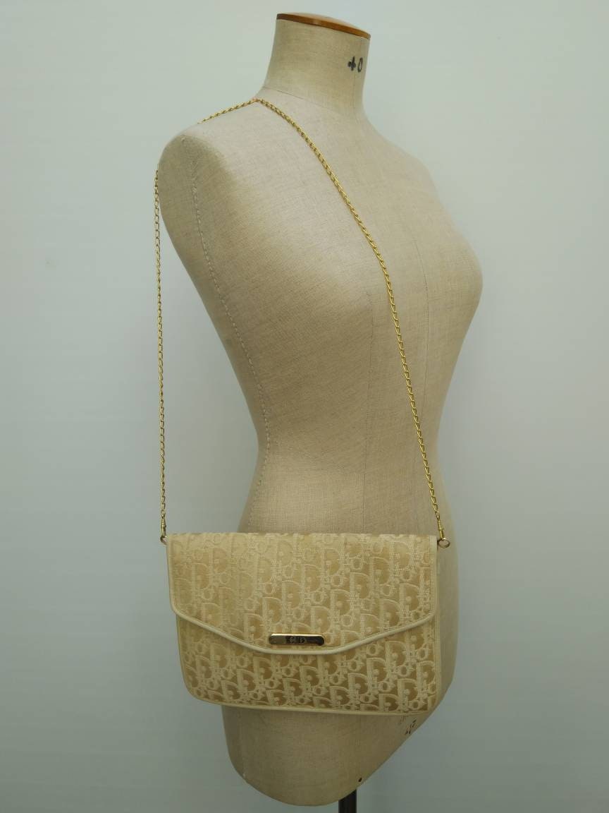 CHRISTIAN DIOR vintage 70s cream monogram canvas chain strap shoulder bag