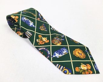 KENZO PARIS vintage green nautical print silk twill necktie