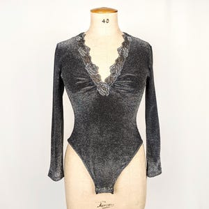 MALIZIA by LA PERLA vintage 90s silver lurex bodysuit with lace trim