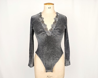 MALIZIA by LA PERLA vintage 90s silver lurex bodysuit with lace trim