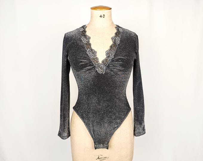 MALIZIA by LA PERLA vintage 90s silver lurex bodysuit with lace trim