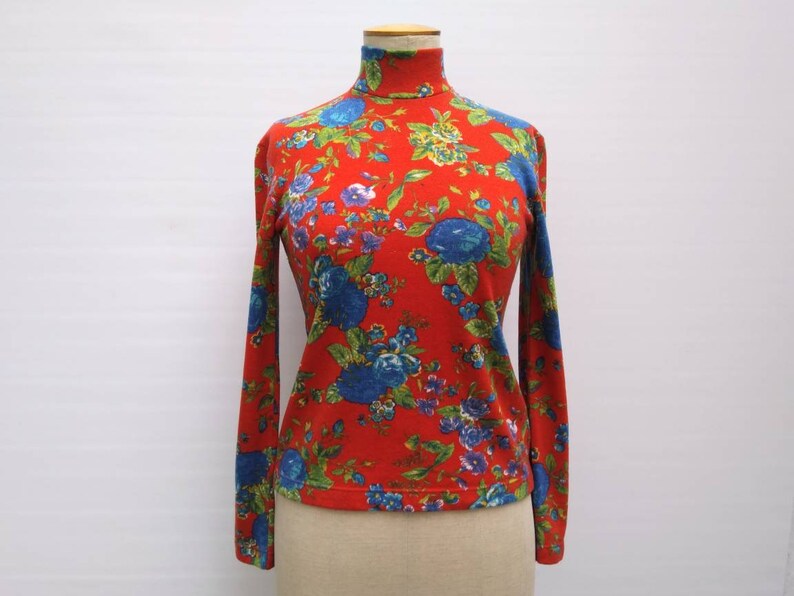 KENZO JUNGLE vintage 80s red floral print mock neck sweater