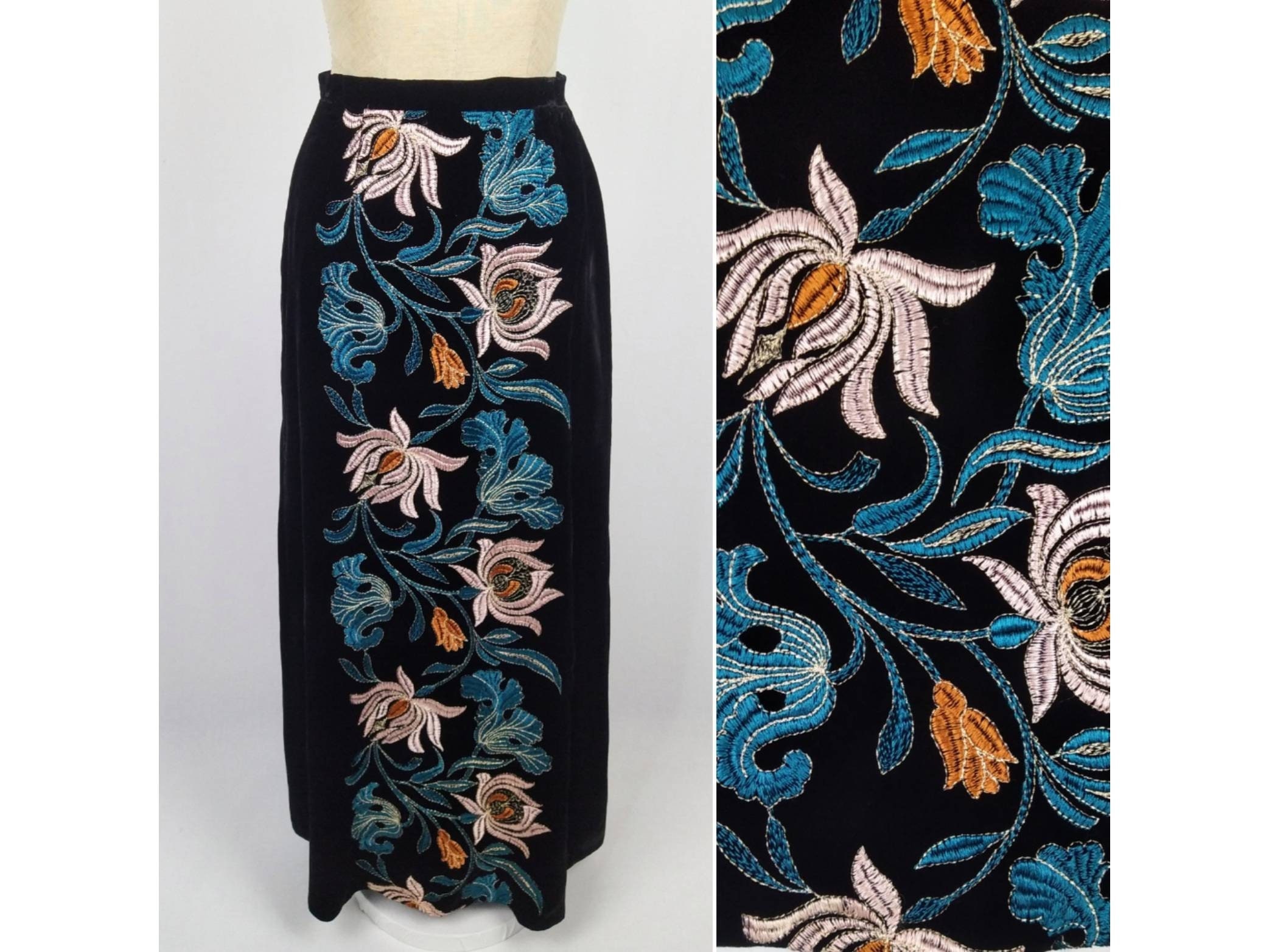 Leonard fabric 70s vintage embroidered velvet maxi skirt Colette Ory Kleding Dameskleding Rokken 