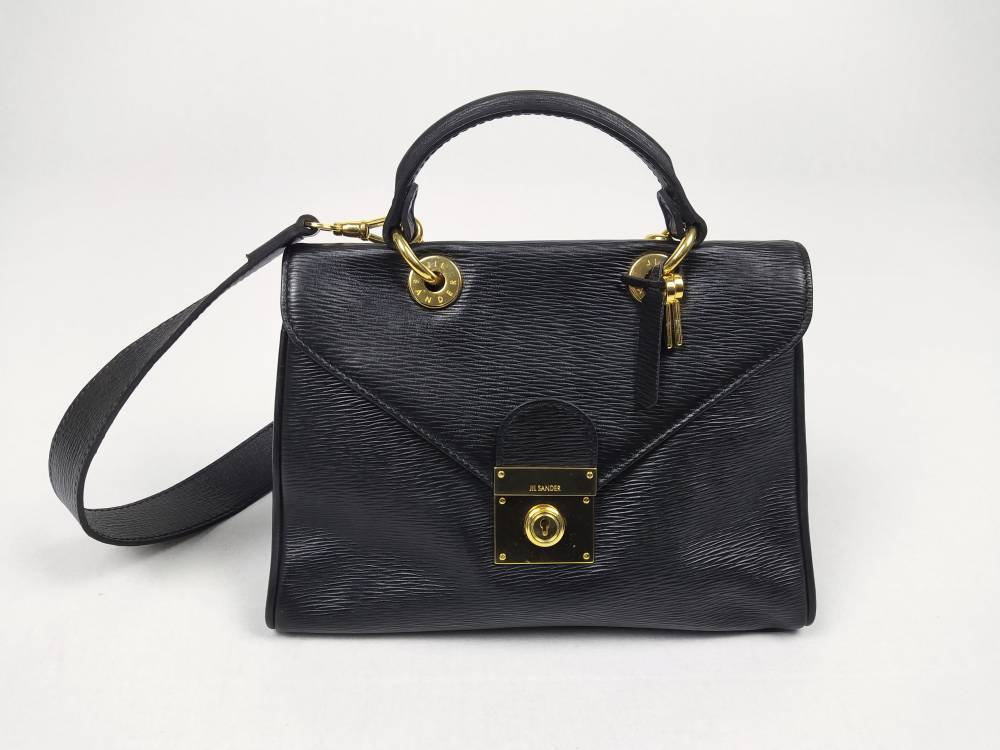 良品 JIL SANDER ロック　ゴールド金具 シボ革 ハンドバッグ　e121 良品 JIL SANDER ロック ゴールド金具 シボ革 ハンドバッグ e121