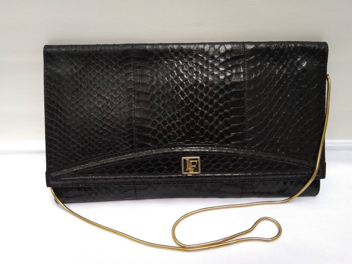 LOUIS FERAUD vintage 70s black snakeskin convertible envelope bag