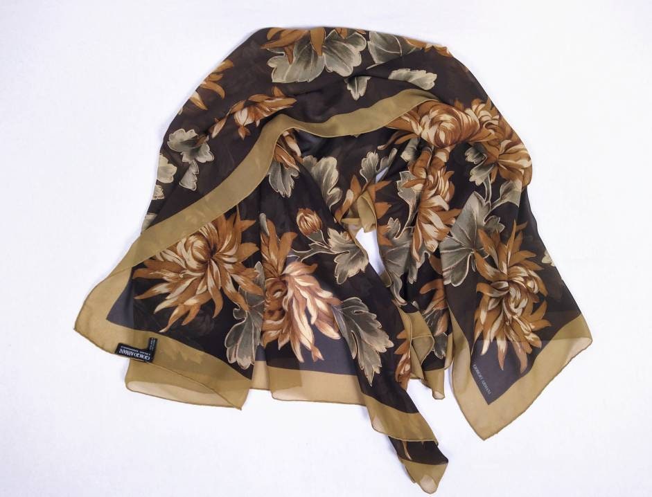 GIORGIO ARMANI vintage 80s brown floral silk chiffon scarf