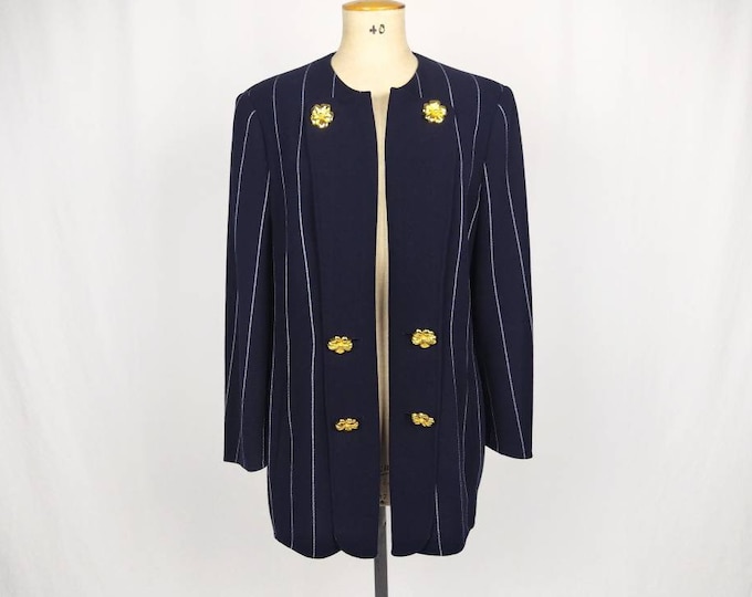 AKRIS vintage 80s navy white striped wool open front blazer - plus size