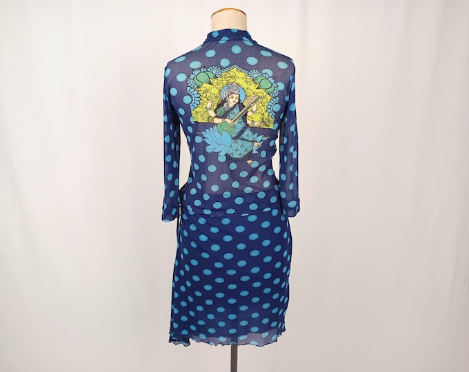 KENZO JEANS vintage 90s blue polka dot mesh skirt and blouse set Saraswati hindu goddess print