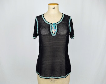 ESCADA vintage black crochet top with colourful trims