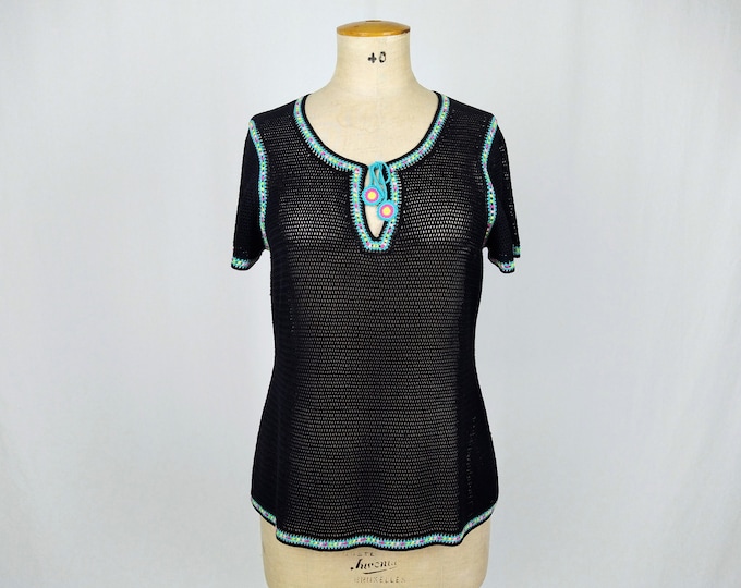 ESCADA vintage black crochet top with colourful trims