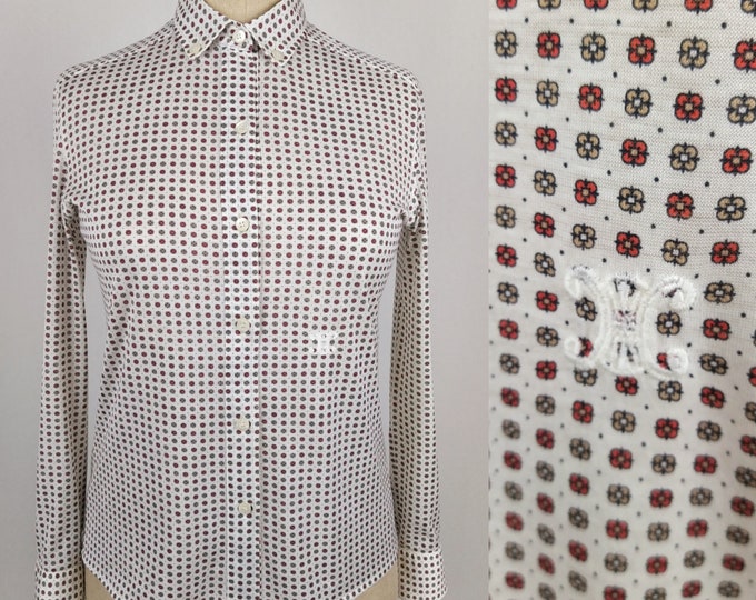 CELINE vintage 70s micro print cotton jersey shirt blouse with Triomphe logo embroidery
