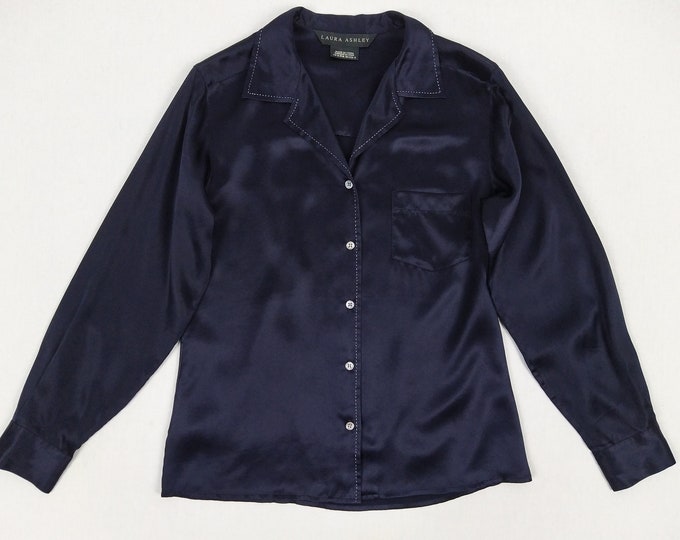 LAURA ASHLEY vintage 90s navy silk satin blouse