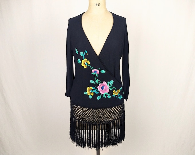 KENZO JEANS vintage embroidered silk knit fringe wrap cardigan