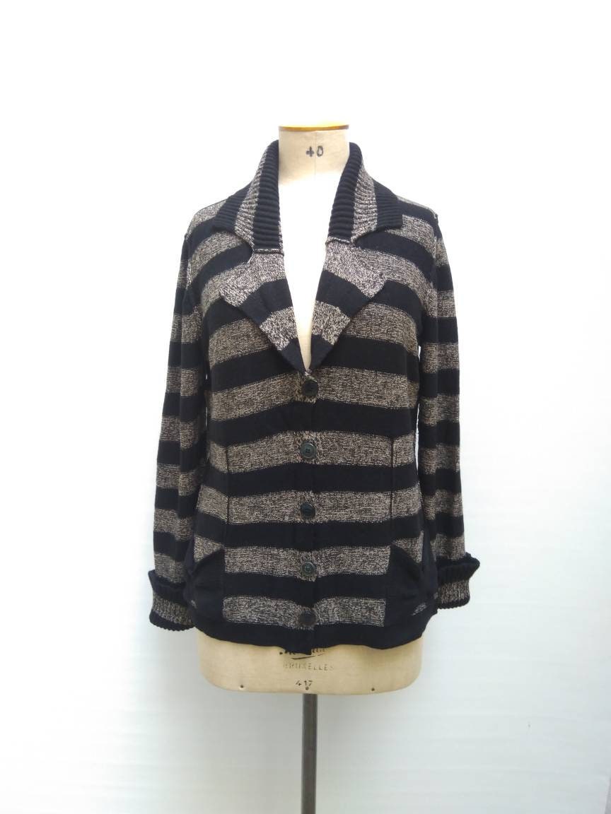 SONIA RYKIEL vintage 90s black and grey striped wool knit cardigan sweater