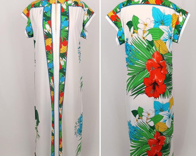 GOTTEX 70s vintage white tropical print maxi dress beach dress cover up