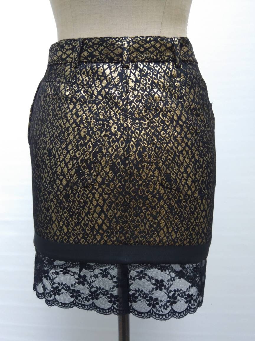 MOSCHINO JEANS vintage 90s black gold lame pencil skirt with lace trim