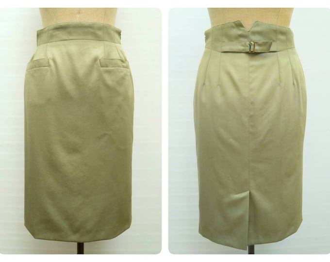 GEORGES RECH SYNONYME vintage 80s khaki green high waist pocketed pencil skirt