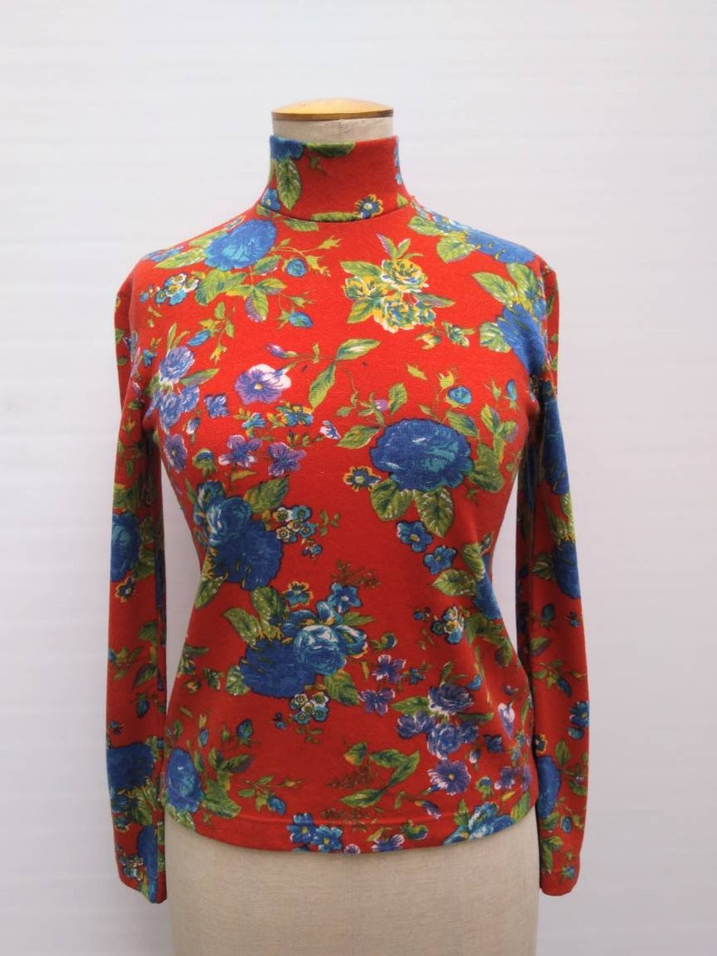 KENZO JUNGLE vintage 80s red floral print mock neck sweater